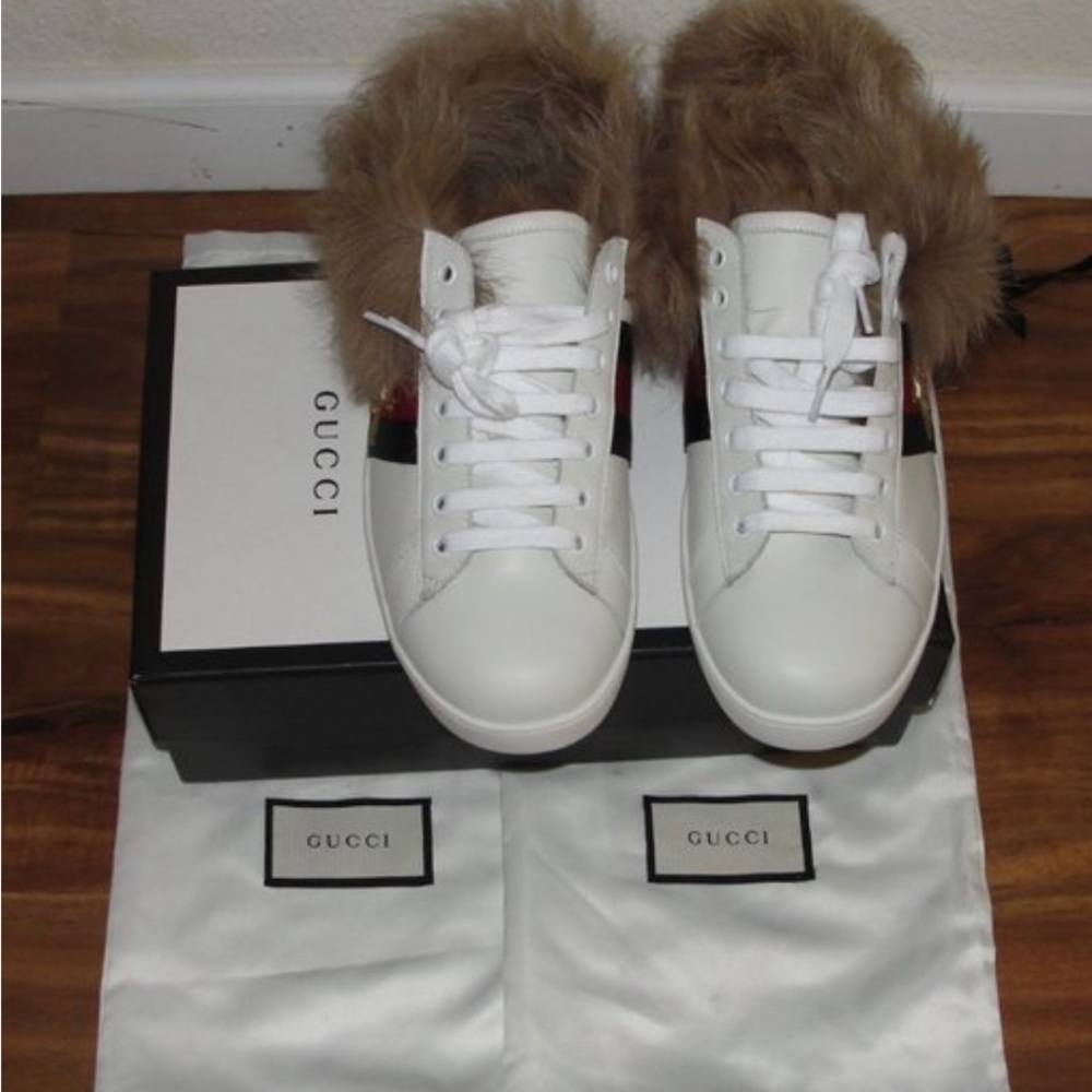Limited Edition GUCCI MEN'S ACE FUR LEATHER SNEAKERS 8.5 NEW - Picture 2 of 7
